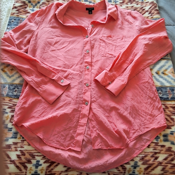 100% SILK ANN TAYLOR Button Up Long Sleeve Pocket Shirt/ Blouse Med Pink - Picture 11 of 13